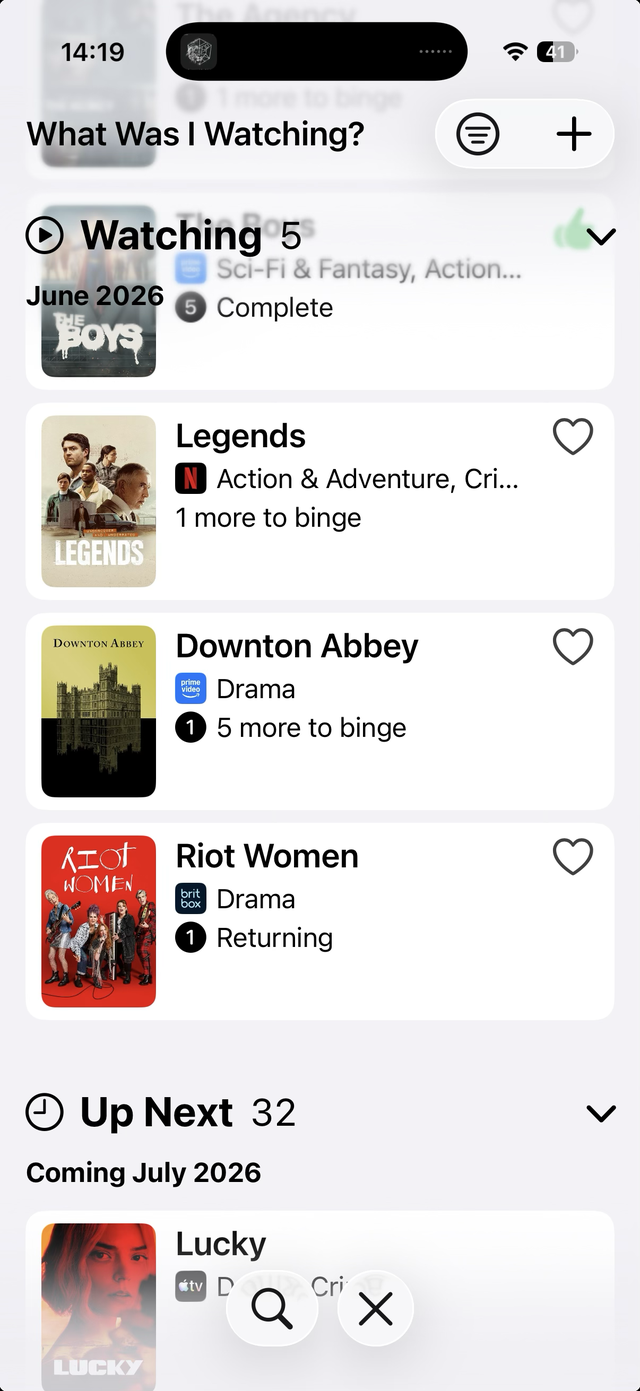 The main list grouped into Watching and Up Next sections, each row showing its streaming service logo and progress