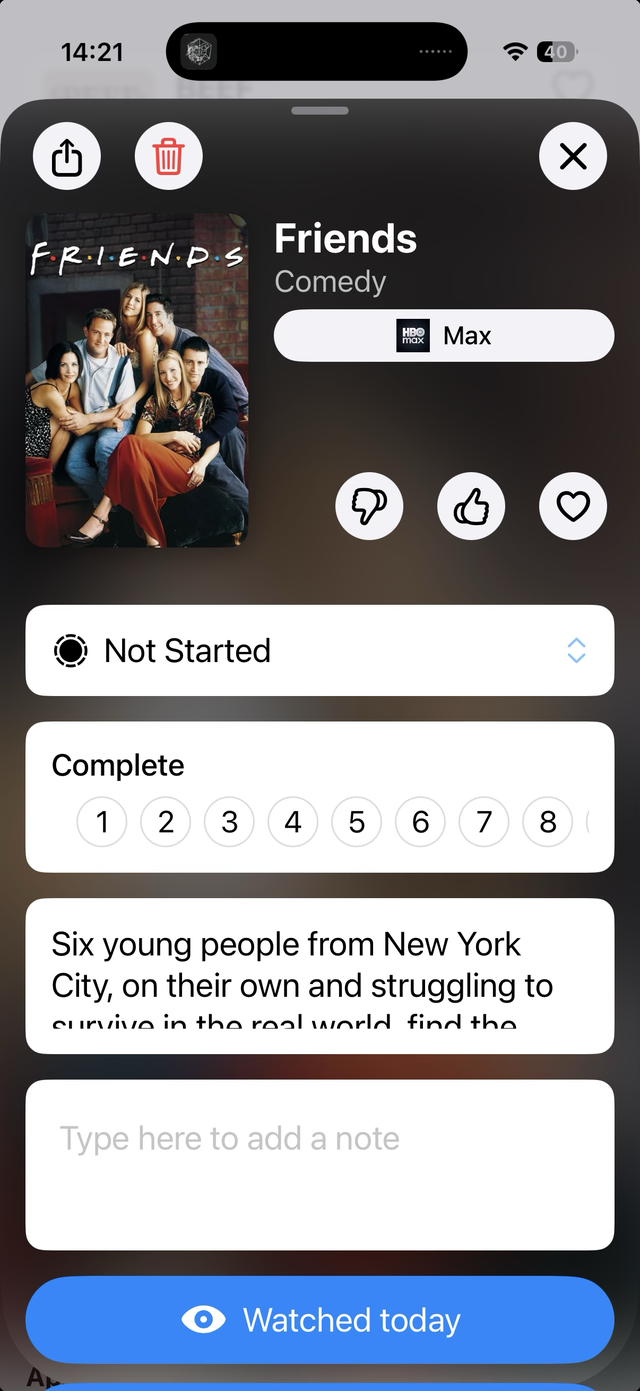 A show's detail screen showing watch state, rating, seasons and a note field