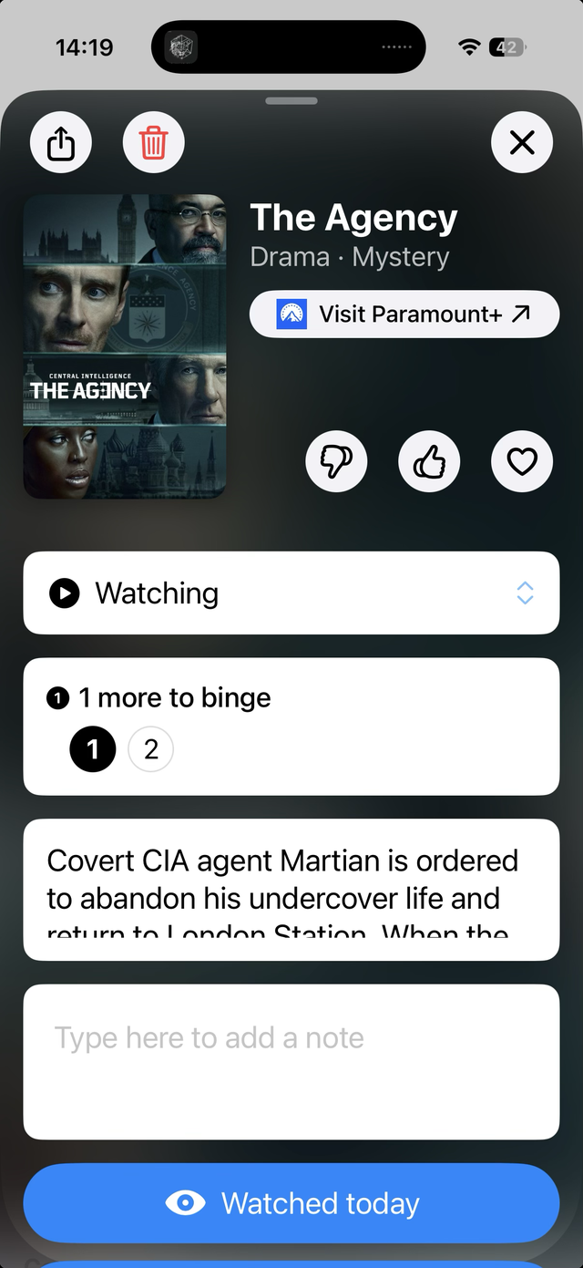 A show detail screen with a Visit Paramount plus button linking to the streaming service